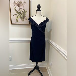 NWOT Ralph Lauren sleeveless Cocktail dress Blue Stretch Sequin Ruched Sz 16